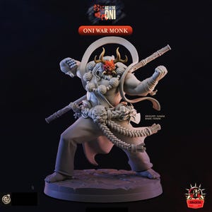 May include: A detailed figurine of an Oni War Monk, a mythical Japanese demon. The figure is predominantly white with a red and gold mask, and carries two weapons. The base is 50mm and the height is 60mm.