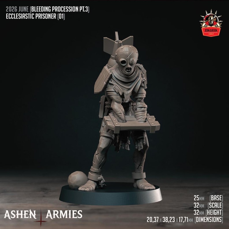 May include: A grey resin miniature figure titled Ecclesiastic Prisoner 01, featuring a masked character with a bomb strapped to its back, holding a wooden frame, standing on a 25mm base with 20.37 x 38.23 x 17.71mm dimensions and 32mm scale.