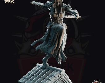 May include: A gray 3D printed miniature figurine of a female warrior in a hooded cloak and mask, holding a sword, standing on a rooftop.