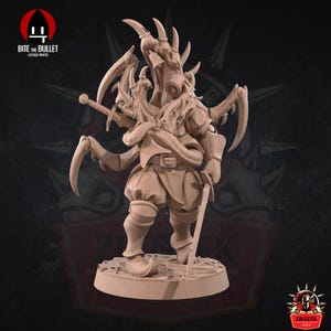 May include: A detailed miniature figurine of a humanoid figure with multiple spider-like limbs and a gas mask. The figure is holding a sword and is standing on a circular base.