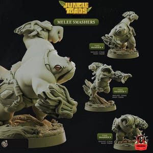 Può includere: Una collezione di figurine in miniatura dettagliate e non verniciate di creature simili a rane, etichettate come "Jungle Toads Melee Smashers". Le figurine variano nella posa e includono misure di altezza e dimensioni della base. Per giochi da tavolo.
