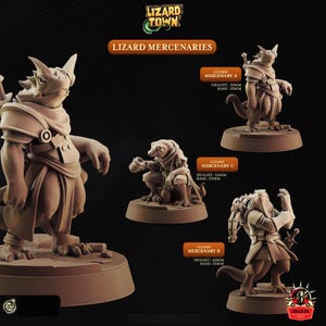 Op de afbeelding: Promotieafbeelding voor Lizard Town miniaturen. De afbeelding toont verschillende gedetailleerde hagedis huurling beeldjes, elk in verschillende poses. De tekst op de afbeelding luidt "Lizard Mercenaries" en bevat hoogte- en basismetingen in millimeters.