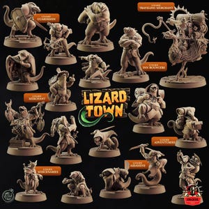 Peut inclure: Ensemble de figurines miniatures non peintes représentant des lézards dans diverses poses. Les figurines incluent des gardes, des marchands et des aventuriers. Le texte "Lizard Town" est affiché, avec d'autres étiquettes.