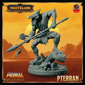May include: A gray Pterran figurine from Primal Collectibles, holding a spear. The figure is posed on a detailed base with the word "PTERRAN" at the bottom. The background is a sunset scene with the word "WASTELAND" at the top.