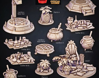 May include: A set of 3D printed miniature props for tabletop role-playing games, featuring cauldrons, plants, and scatter pieces. The set is themed around an alchemist's house and includes a variety of bases for the cauldrons, including wood, metal, and a star design. The set also includes a carpet, a chair, and a variety of plants. The text "ALCHEMIST'S HOUSE SET CAULDRONS AND SCATTER" is printed on the bottom of the image.