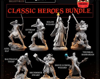 Classic Heroes x7 Miniature Set: 28/32/38mm Fantasy RPG Mini for DnD, TTRPG