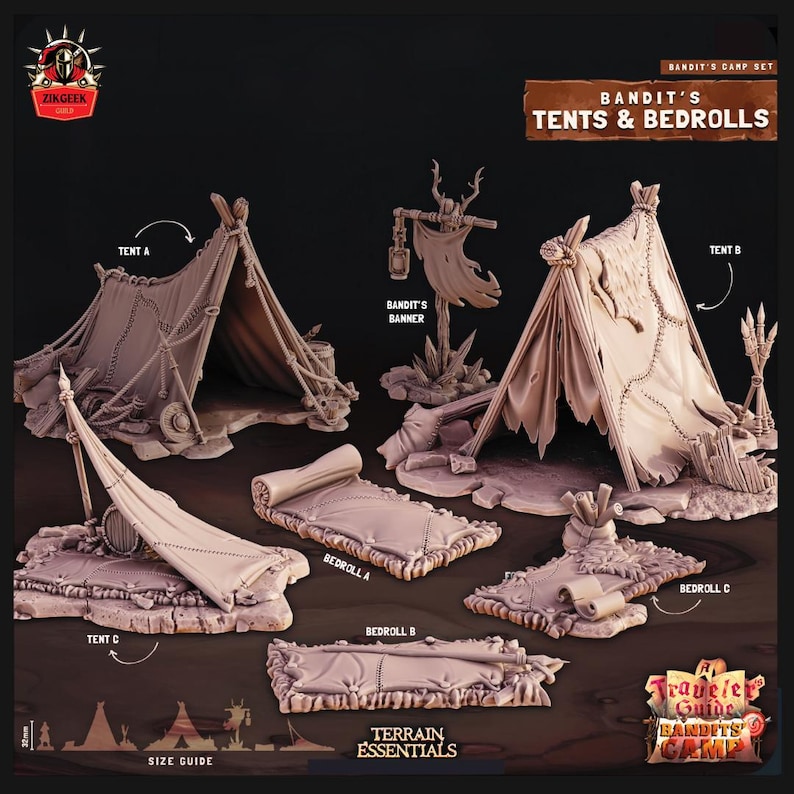 bandit-tents-bedrolls-terrain-miniatures-28-32-38mm-fantasy-rpg-mini