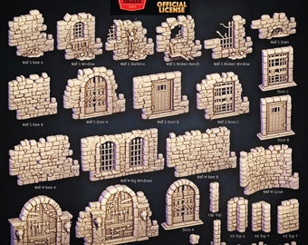 Dungeon Mauern, Türen Terrain Set, DnD Miniaturen, HeroQuest, Rollenspiel Tabletop Spiel, Dungeons and Dragons, Geschenkidee, High Detail Diorama 32 mm