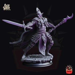 May include: A detailed, gray fantasy figurine of an elf warrior, holding a sword and a staff with a curved blade. The figure is posed on a stone base, wearing armor with intricate details. The image has a dark background and features the ZikGeek logo.