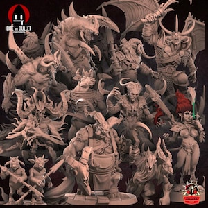 Bullet Hell Demons 20 Miniatures Set – Fantasy Monsters & Bosses, Lords, Destruction, Hell Bovines, Goatmen, Sand Maggots for TTRPG