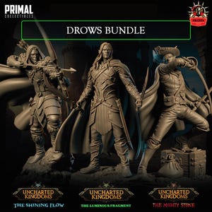 May include: Three detailed miniature figures of drow elves, painted in shades of grey, with swords and bows. The figures are part of a Drows Bundle from Uncharted Kingdoms, a tabletop game.