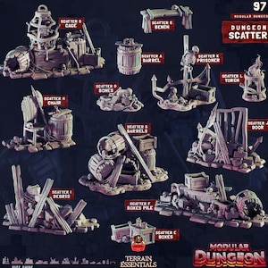 May include: A selection of miniature dungeon scatter terrain pieces, including a cage, barrels, a bench, a chair, bones, a prisoner, a torch, a door, debris, and boxes. The pieces are designed for tabletop gaming and are made of a light brown material.