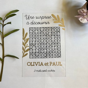 Panneau acrylique jeu annonce grossesse à personnaliser original mots mêlés  pour annoncer l'arrivée de bébé
