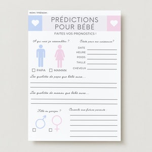 Jeu questionnaire pour baby shower ou gender reveal original pronostics sur bébé à imprimer et remplir jeu imprimable