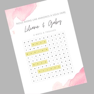 Jeu annonce mariage à personnaliser original mots mêlés à imprimer pour annoncer votre heureux évênement