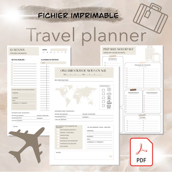 planificateur de voyage numérique imprimable à télécharger - organisation de vos vacances ou road trip en français 12 pages en PDF