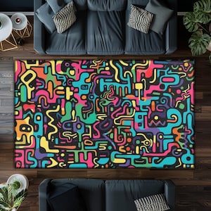 Psychedelic Abstract Doodle Area Rug Colorful Psychedelic Abstract Doodle Area Rug Vibrant Design in 48x72 and 60x36 Sizes