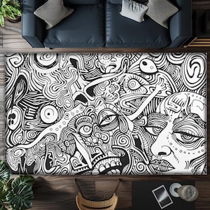 Psychedelischer Abstrakter Teppich in Schwarz und Weiß Perfekt für Kiffer und Trippy Vibes