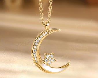 Handmade Moon and Star Pendant Necklace with Moissanite, Celestial Inspired Promise Pendant, Gold Plated Necklace, Birthday Gifts for Her