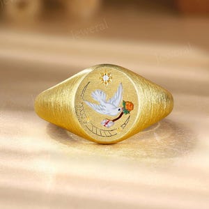Vintage Hand Painted White Peace Dove Enamel Signet Ring, 10K Gold Brushed Hope Ring, Dainty Olive Branch & Rose Ring, Unique Gift for Her