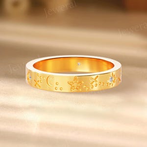 Alliance unique étoile lune, alliance design étoile en or massif, bague céleste empilable faite main, bague assortie, bague promesse d'anniversaire