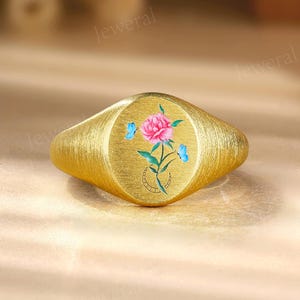 Hand Painted Pink Rose & Blue Butterfly Enamel Ring,10K Brushed Gold Signet Ring,Dainty Natural Floral Enamel Ring, Unique Gifts for Her