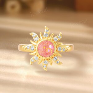 Boho Radiant Sun Pink Opal Engagement Ring, 10K Gold Celestial Ring, Dainty Sunburst Moissanite Promise Ring, Unique Energy & Hope Ring