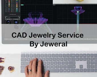 Puede incluir: Una pantalla de ordenador que muestra un modelo 3D de un anillo con una piedra central grande y piedras más pequeñas alrededor. El texto "CAD Jewelry Service By Jeweral" se muestra debajo de la pantalla.
