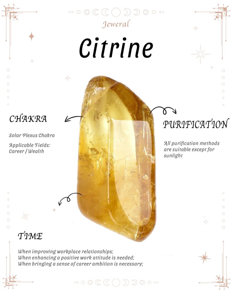 以下が含まれることがあります： スタイリッシュなフォントで「Citrine」と書かれた、黄金色のシトリンの結晶。画像には、チャクラ、浄化、キャリアアップなど、クリスタルの使用法に関するテキストが含まれています。