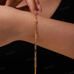 Dainty Moonstone Bracelet: Gold Paperclip or Cable Chain Bracelet, Birthday Gift for Her image 15