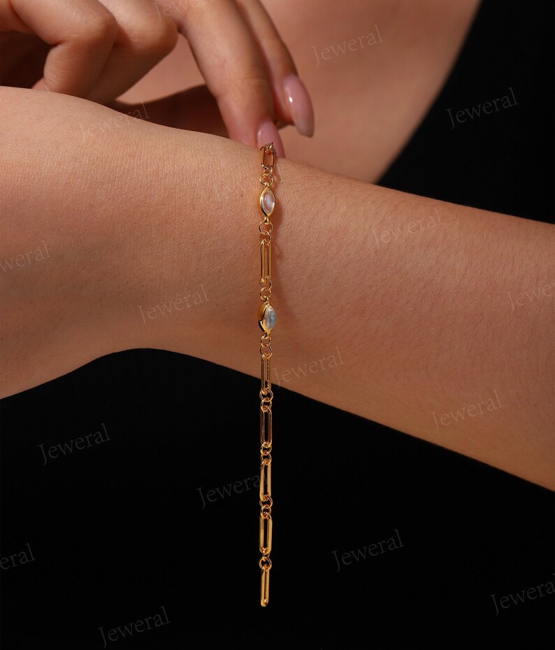 Dainty Moonstone Bracelet: Gold Paperclip or Cable Chain Bracelet, Birthday Gift for Her image 15
