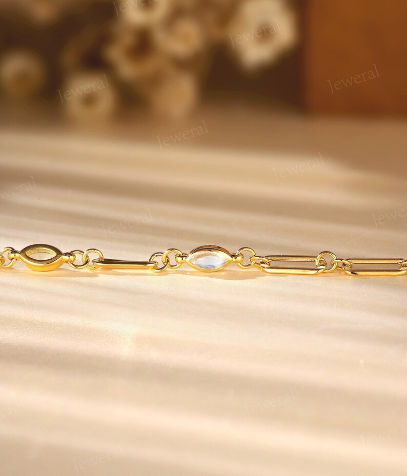 Dainty Moonstone Bracelet: Gold Paperclip or Cable Chain Bracelet, Birthday Gift for Her image 12