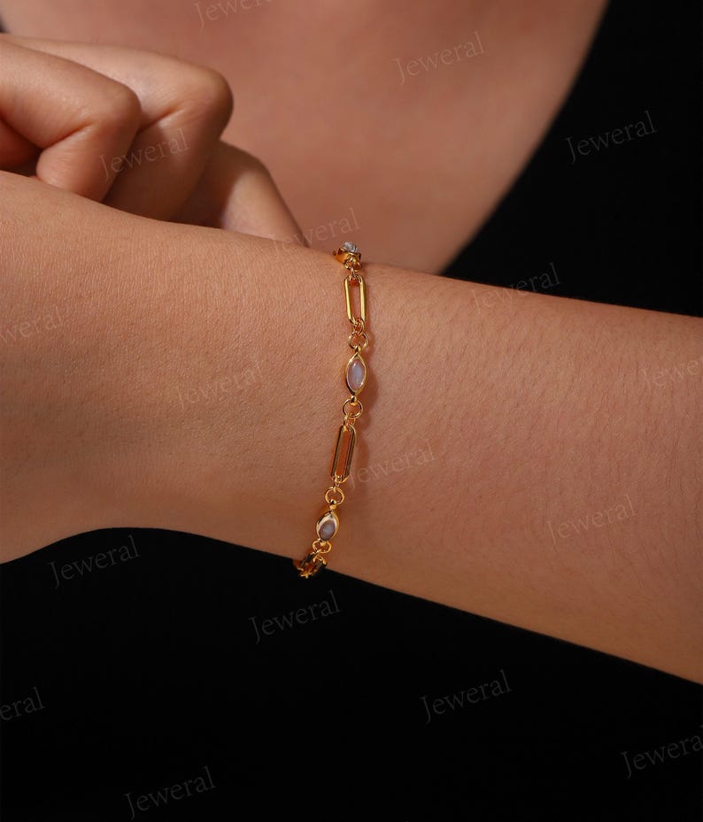 Dainty Moonstone Bracelet: Gold Paperclip or Cable Chain Bracelet, Birthday Gift for Her image 13