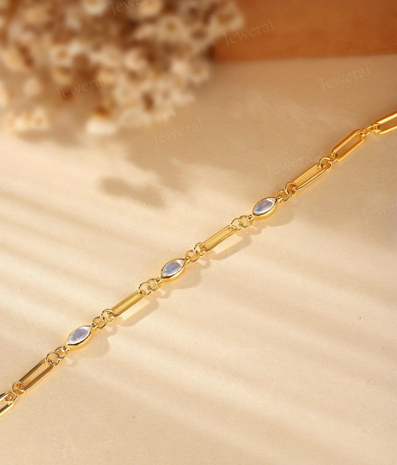 Dainty Moonstone Bracelet: Gold Paperclip or Cable Chain Bracelet, Birthday Gift for Her Paperclip Chain