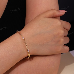 Dainty Moonstone Bracelet: Gold Paperclip or Cable Chain Bracelet, Birthday Gift for Her image 14