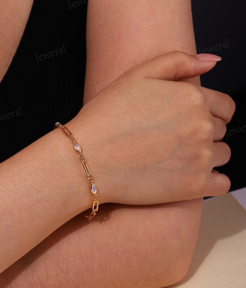 Dainty Moonstone Bracelet: Gold Paperclip or Cable Chain Bracelet, Birthday Gift for Her image 14