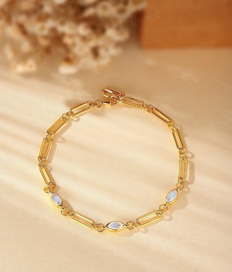 Dainty Moonstone Bracelet: Gold Paperclip or Cable Chain Bracelet, Birthday Gift for Her image 10