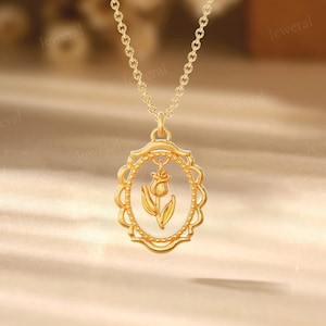 Vintage Flower Necklace in Gold | Elegant Floral Pendant with Oval Frame | Timeless Symbol of Beauty & Growth | Gift for Her by Jeweral