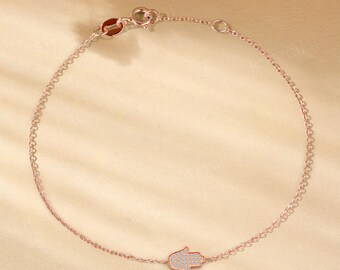 Dainty Hamsa Hand Bracelet, Rose Gold Bracelet, Moissanite Evil Eye Protection Bracelet, Good Luck Charm Gift for Her, Bat Mitzvah Gifts