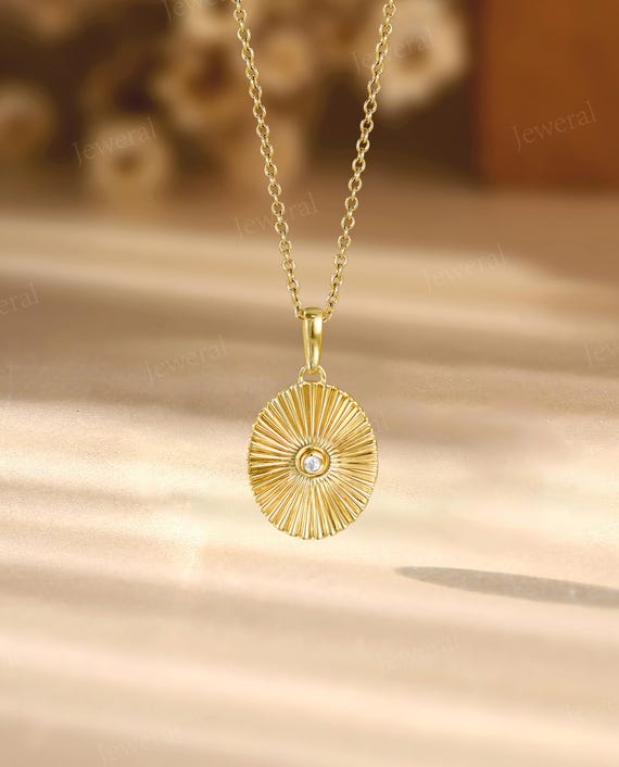 Oval Disc Pendant Necklace with Moissanite, Handmade 10K Gold Pendant, Modern Sunburst Design Necklace, Dainty Jewelry, Gift For Her