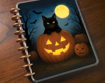 Black Cat and His Pumpkin: Handmade Happy Planner Classic Inspired| Laminated Planner Cover| Discbound, Custom Created Changeable Planner.