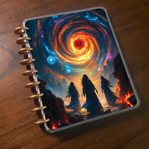 May include: A spiral-bound notebook with a fantasy art cover. The cover features a swirling vortex of orange and blue light, with silhouetted figures in the foreground. The notebook's binding is gold-colored.