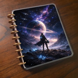 May include: A spiral-bound notebook featuring a vibrant space scene. The cover art depicts a figure standing on a rocky planet, gazing at a ringed planet and a nebula. The color palette includes blues, purples, and oranges, creating a cosmic theme.
