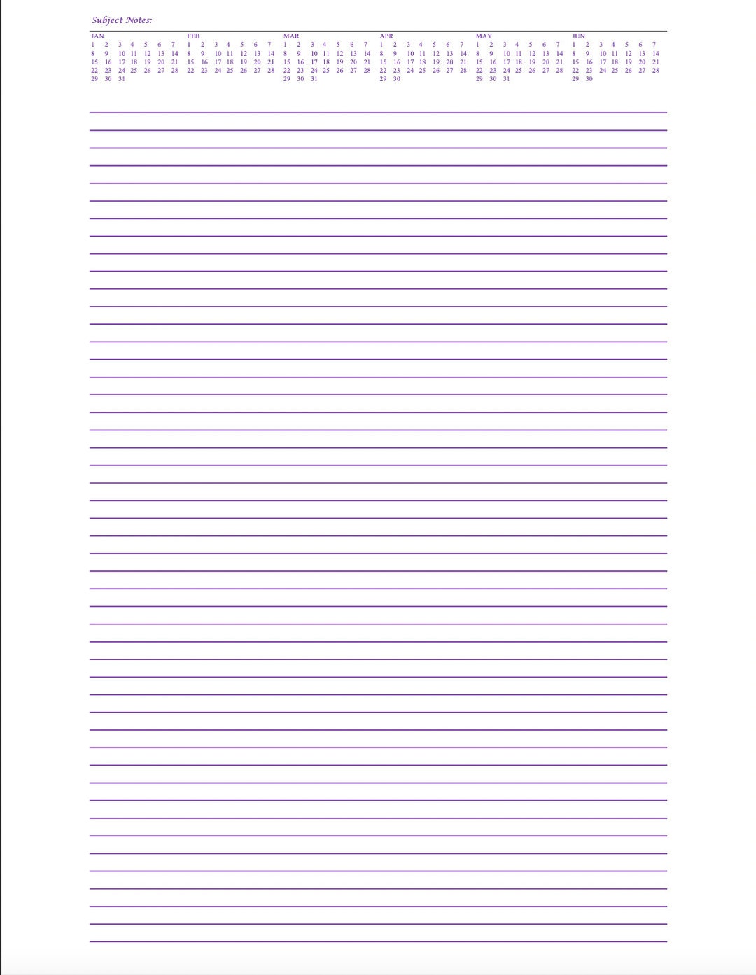 June In January Notes.pdf Subject Note-taking Lined Sheet With Half-year January to June Calendar ...