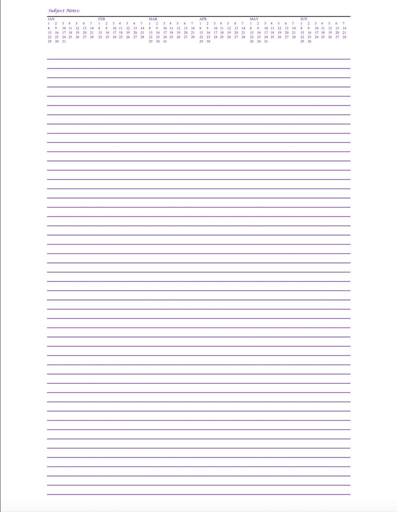 June In January Notes.pdf Subject Note-taking Lined Sheet With Half-year January to June Calendar ...