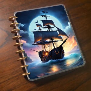 May include: A spiral-bound planner featuring a detailed illustration of a tall ship sailing on a stormy sea under a full moon. The cover art showcases a dark-colored ship with billowing sails, set against a backdrop of a vibrant sunset and crashing waves.