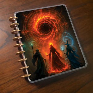 May include: A spiral-bound notebook featuring a fantasy illustration. The cover depicts three robed figures with staffs, standing before a fiery vortex. The color palette includes shades of red, orange, blue, and black.