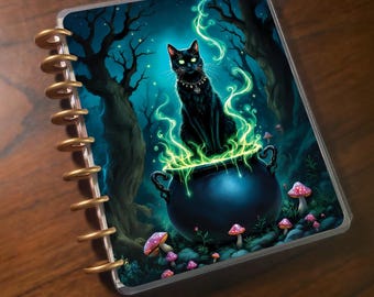The Cauldron's Call: Handmade Black Cat Happy Planner Classic Inspired| Laminated Planner Cover| Discbound, Custom Changeable Planner.