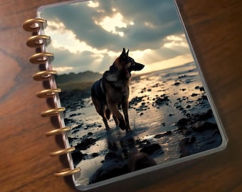 German Shepherd at the Shoreline: Discbound Happy Planner Cover. Laminated, Handmade Planner Supplies.
