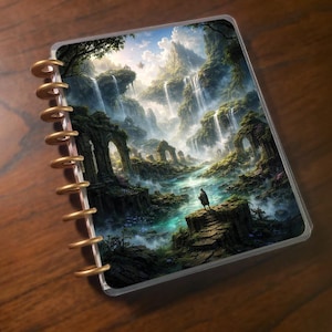 Könnte beinhalten: Ein Planer mit einem Fantasy-Landschafts-Cover mit Wasserfällen, antiken Ruinen und einer einzelnen Figur. Der Planer hat eine goldfarbene Scheibenbindung und eine transparente Schutzhülle. Das Kunstwerk zeigt eine lebendige, detaillierte Szene mit üppigem Grün und einem fließenden Fluss.